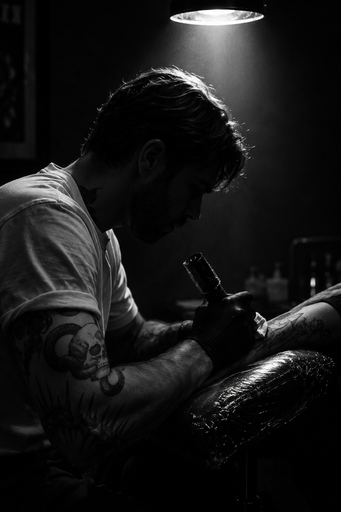 Marvin — Dot Work · Illustrative blackwork tattoo artist, Hanok Studio Toronto
